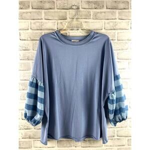 Sage Vell Striped Sleeve Top XL Blue Oversized Crewneck Raw Hem Balloon Sleeve